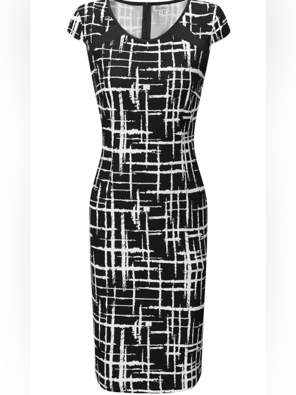Black and White Grid-Print Cap Sleeve Dress